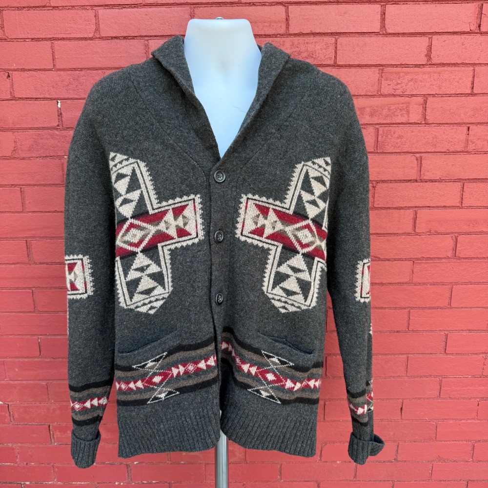 Pendleton Lambswool Sweater Mens Large Gray Aztec Harding Shawl Collar Cardigan